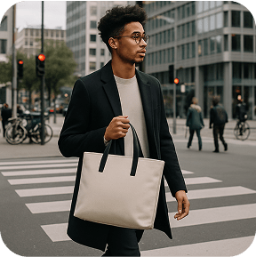 A city scene where a stylish person carries a tote bag while crossing a street or standing at a crosswalk. Urban backdrop, bicycles, pedestrians, and modern architecture in the background. The bag is modern, clean, and fashionable.