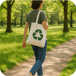A person walking through a park or nature trail carrying an eco-friendly tote bag on their shoulder. Casual outfit, spring or summer scenery, with trees, grass, and soft shadows. The bag moves naturally as part of the lifestyle moment.