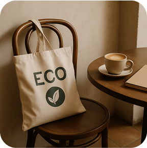 An eco tote placed on a chair or beside a table at a cozy coffee shop. There's a cup of coffee, a book or a laptop nearby. The setting is minimal and aesthetic, evoking slow lifestyle and conscious choices.
